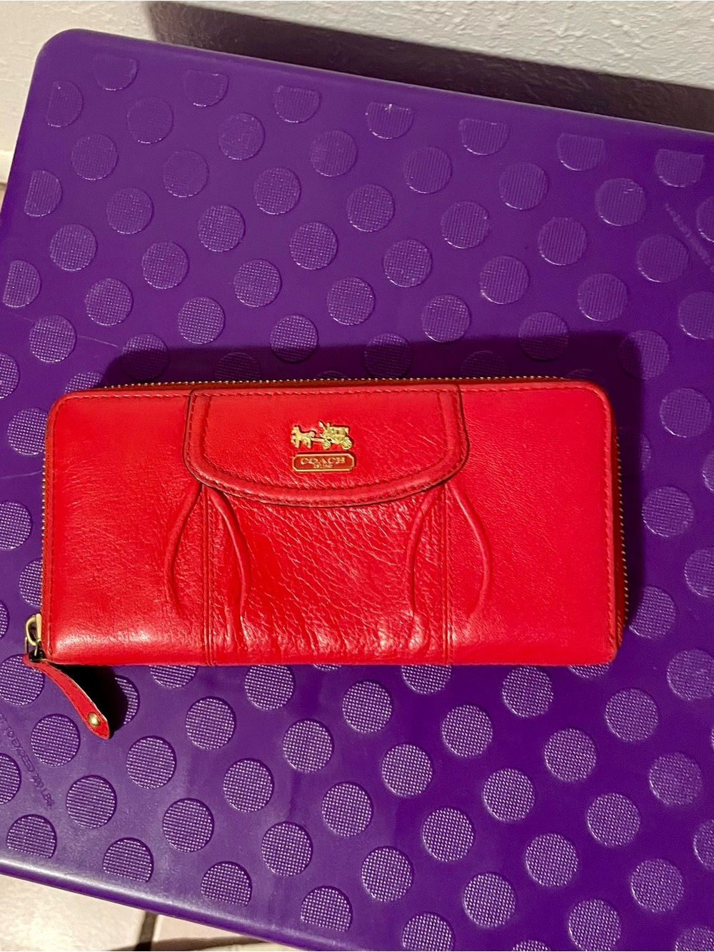 Coach Red Leather Zip-Around Wallet with Gold Logo